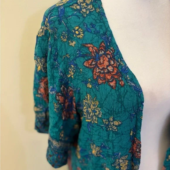 Large Maurices Teal Floral Mixed Print Kimono - Picture 5 of 12